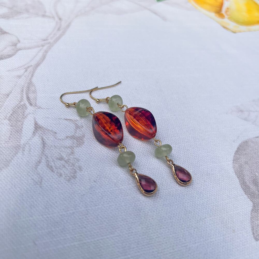 Amber Garnet Wine Red Crystal Glass Cantaloupe Fruit Green Casual Earrings - Picture 4 of 6